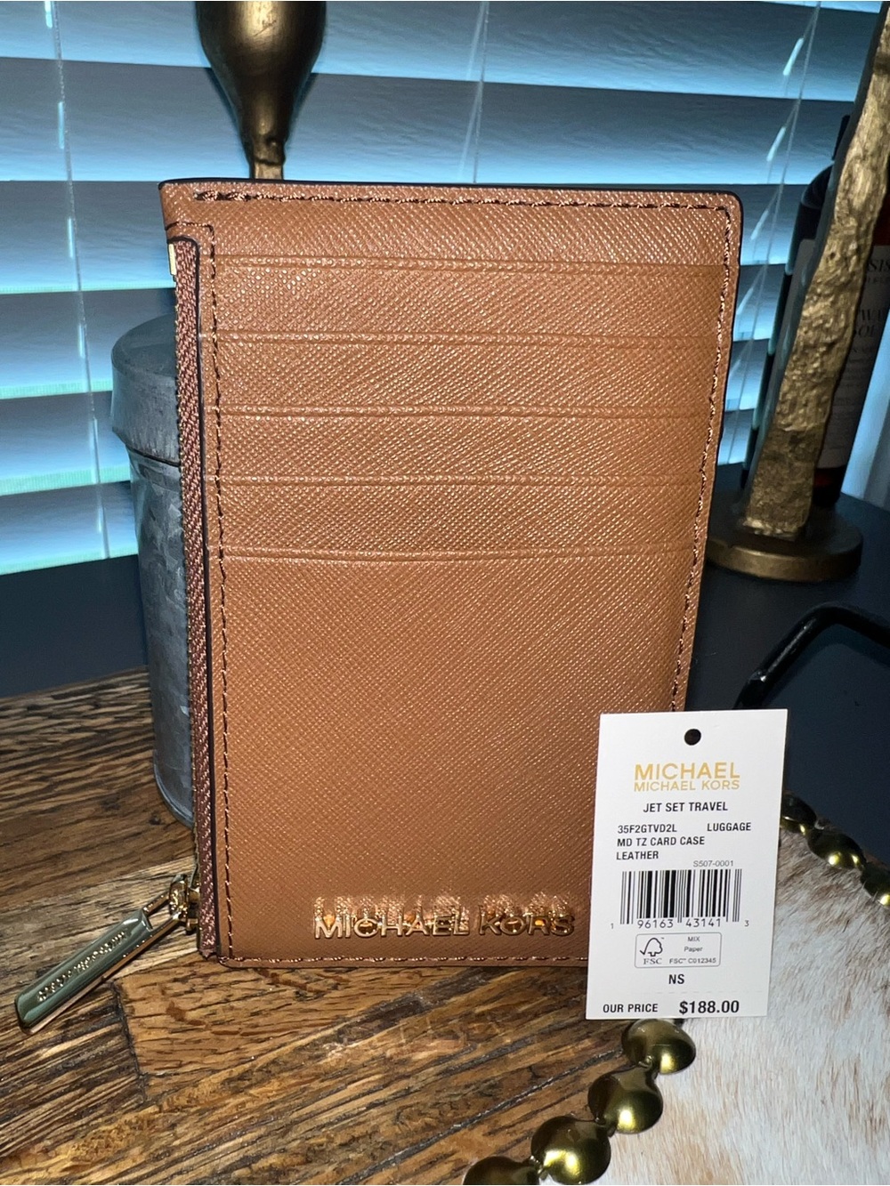 Michael Kors Leather Card Case Wallet - Luggage Brown